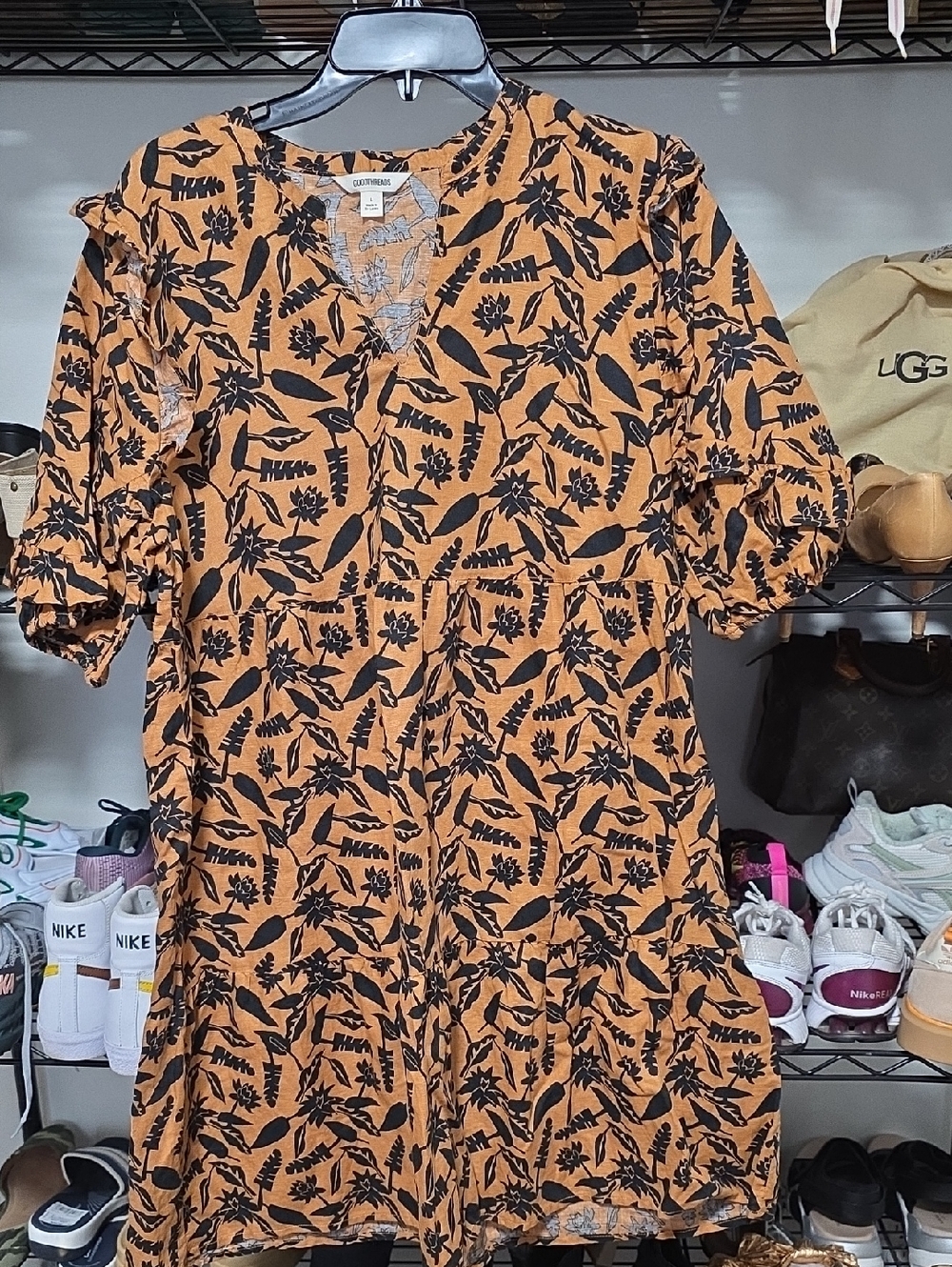 Goodthreads Orange and Black Floral V-Neck Mini Dress